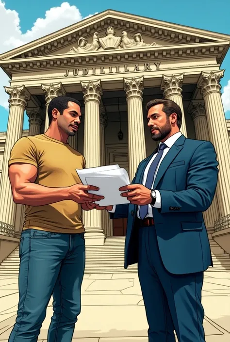 The same two men, in the most vivid comic drawing style, are outside the judiciary to submit a document., one of these men will be dressed casually and the other will be wearing a suit and tie 