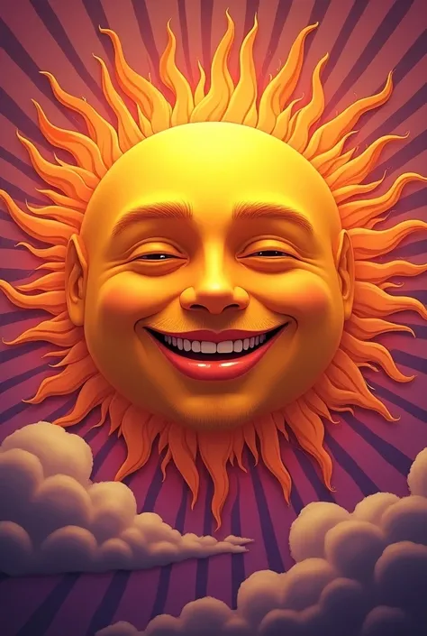 

" A sun with a smiling human face of a man stoned in marijuana.  The face should be slightly relaxed , with eyes half closed ,  a calm expression and a soft smile .  The suns rays should spread in psychedelic patterns ,  with vibrant colors such as orang...