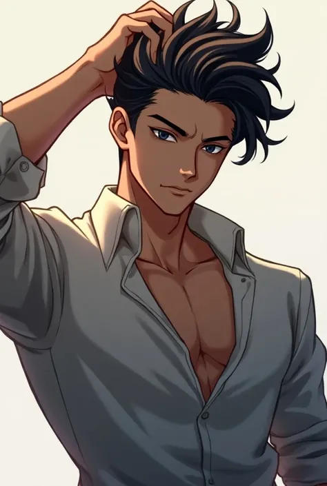 Draw a handsome anime man using his left hand holding his hair up