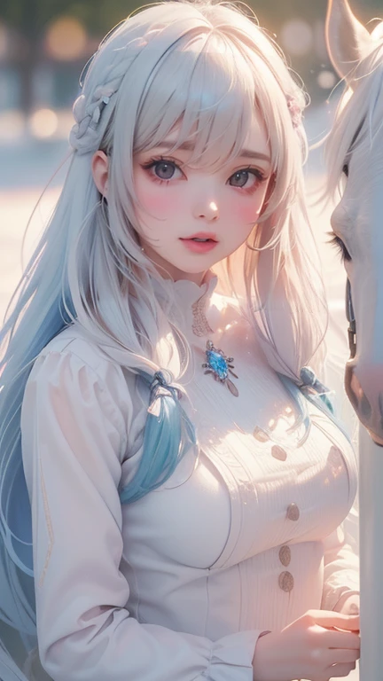 ((masterpiece, (Practical、Beautiful, Young woman, In the crystal and ice zone, Snow, horse riding, A white horse,  Gradient Hairstyle, White hair,  blue hair , Long hair, Eye Reflection, Contempt, Ray Tracing, Reflected Light, Vague, Glowing Light,  Depth ...