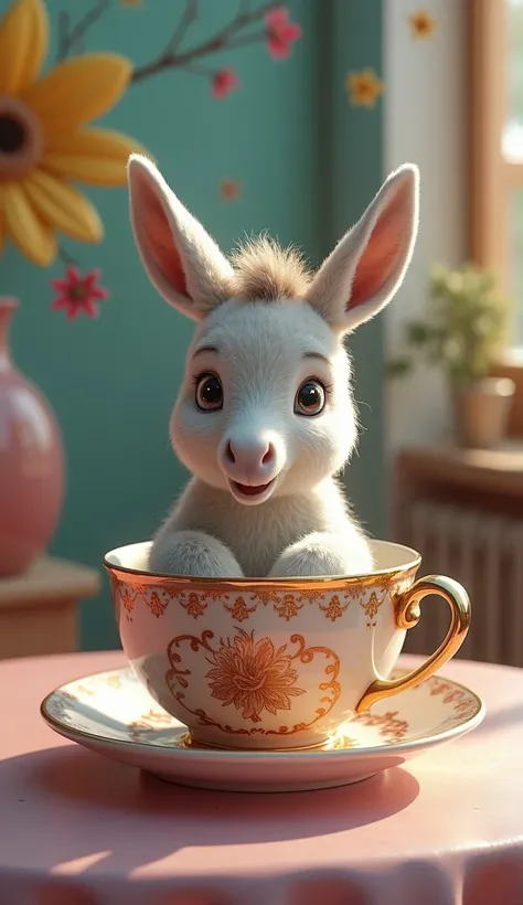 CREATE A REALISTIC IMAGE OF A CUTE LITTLE DONKEY SITTING INSIDE A DECORATIVE TEA CUP WITH A TRANSLUCENT VARIOUS COLOR SCHEME, THE LITTLE DONKEY HAS BIG, EXPRESSIVE EYES AND A SOFT, CURLY COAT THAT APPEARS TO BE Adorably Styled, Giving The Creature A JOYFUL...