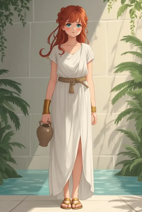 An anime beautiful tall young girl with soft features,reddish soft lips,light reddish brown hair tied up and her bangs left,She has light blue eyes,She Is wearing a white chitone that goes loose on her figure and greek sandals on her feet and She Is holdin...