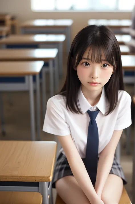 Japanese、One person、( Brown Eyes )、Student Uniform、White short sleeve blouse、loosely tightened tie、 miniskirt 、classroom、Sit on a desk、 stare at the camera to capture the audience、