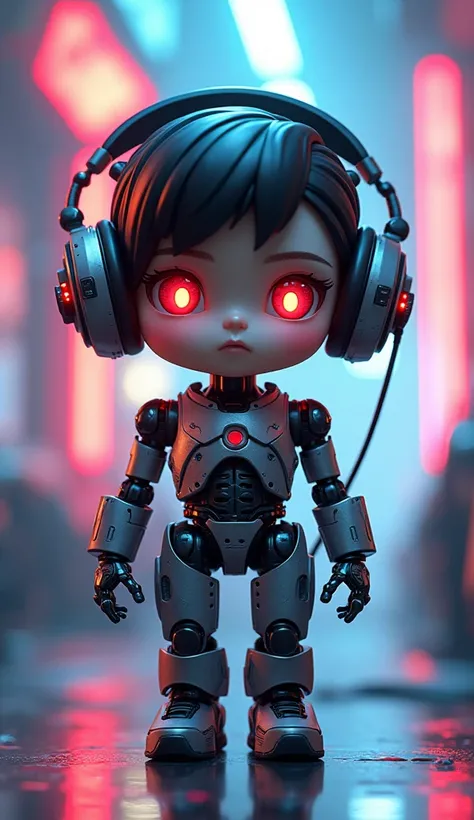 (Chibi), eleven,  with robotic parts, exposed wires ,  fluorescent eyes , headphones, standing,  Kawaii technology , kawaii, 8k