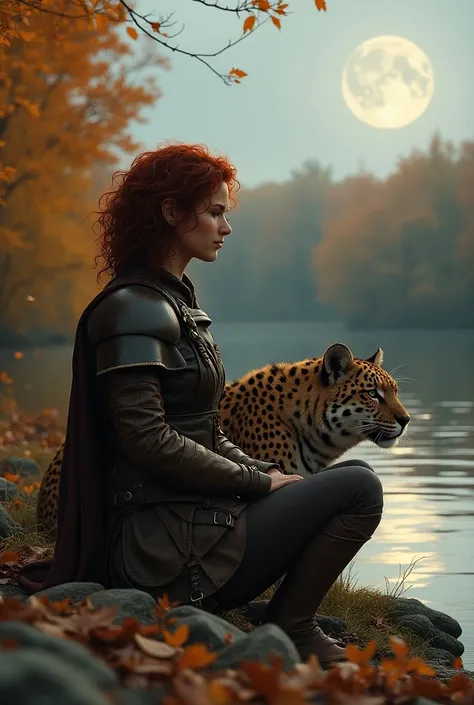 Lovely young female ranger with shoulderlength unruly curly dark red hair, leather armour, huge fluffy jaguar, and handsome young male warrior looking like hugh jackman, short beard, short wavy bronze coloured hair, tall, broad shoulders, gold plated armou...