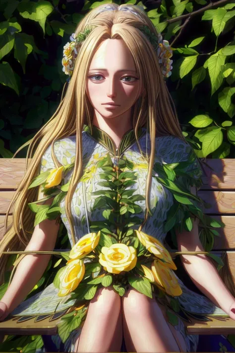 a beautiful woman with long blonde hair, sitting alone on a garden bench, with a sad expression on her face, highly detailed portrait, (best quality,4k,8k,highres,masterpiece:1.2),ultra-detailed,(realistic,photorealistic,photo-realistic:1.37),intricate det...