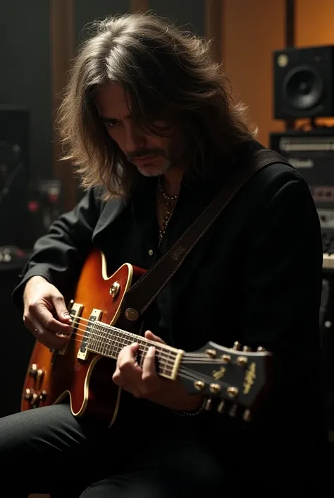  JIMMY PAGE WITH HIS GUITAR IN THE STUDIO ,  HES LOOKING AT HIS GUITAR HIS HAIR COVERS HIS FACE 