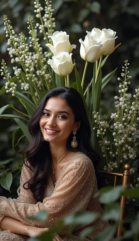 A brunette girl posing for a photo shoot at a gala presentation  high resolution ,  long hair, smile, Cabello negro,  high resolution ,  the best quality, HD model,  masterpiece, make-up, photorealistic, 