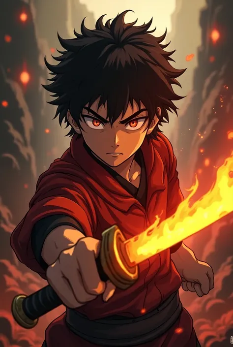 A person with short curly hair, holding a fire sword, ANIME STYLE, demon slayer