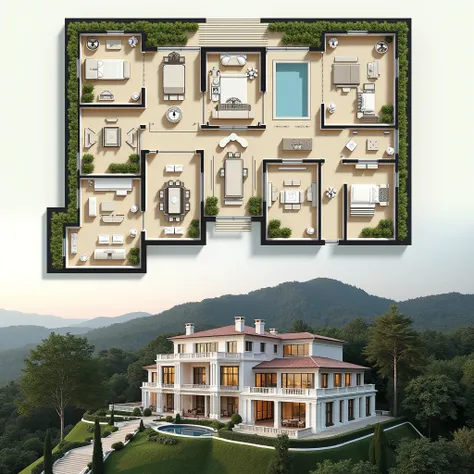 On the same image generate on the top side of the image the 2D house Floor plan and at the bottom of the image the said floor plans photorealistic visual representation rendering of a luxurious European hills style 