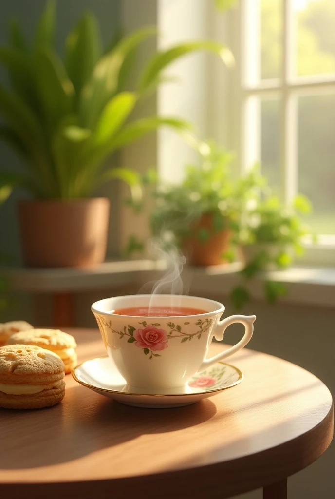  A cup of tea with biscuits , indoors, soft lighting, plants in background, window with sunlight, realistic, warm colors, 