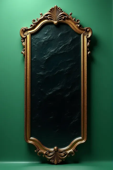 A front mirror ,  with dark, almost black , detailed in ripples like antique mirrors , with golden inner border ,  with lighting coming from the front without any shading and with a solid green Chroma Key background.