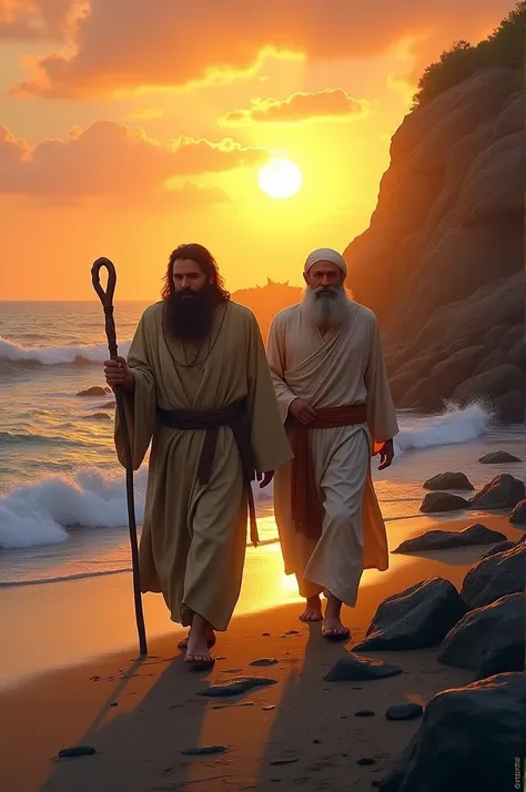 Illustrate the moment when Hazrat Musa (AS) and Hazrat Khizr (AS) begin their mysterious journey together. Show them walking along a rugged coastline, with Hazrat Musa holding his staff and looking determined, while Hazrat Khizr leads the way with a serene...