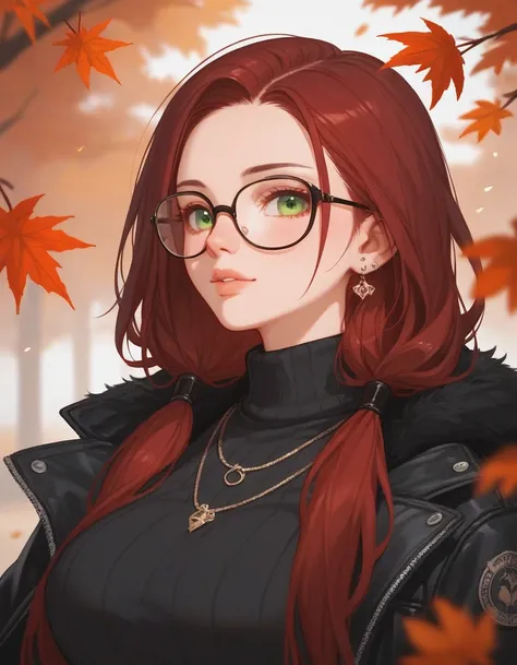 (((close up))), score_9, score_8_up, score_7_up, score_6_up, score_5_up, score_4_up, 1 girl, burgundy hair, ((long hair)), oval glasses, two low ponytails, green eyes, black clothes, ((black Puffer Jackets)), (((fur))), turtleneck, big breasts, (a-lane ski...