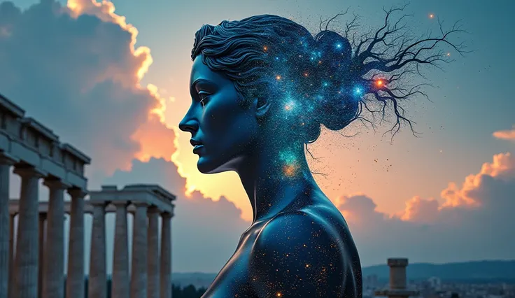 high quality, 8K Ultra HD, A beautiful double exposure that combines an greek philosopher bust silhouette with futuristic neural net backdrop, the cosmos should serve as the underlying backdrop, with its details incorporated into the goddess , crisp lines,...