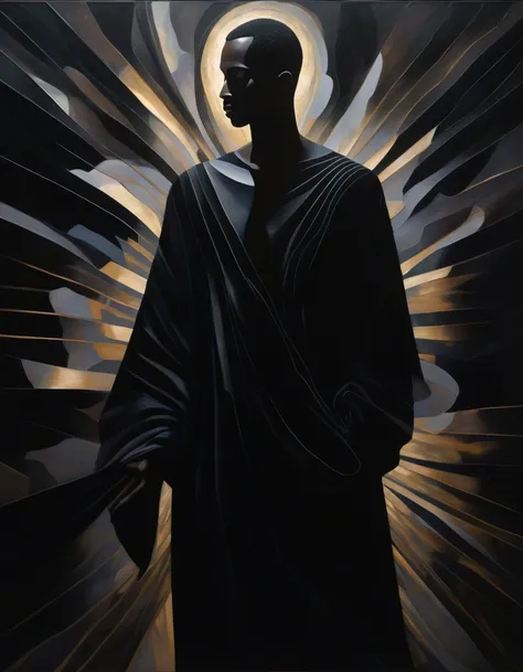 A dark-toned figurative painting of a male figure, blending abstract and realism. The male figure is partially cloaked in shadows, with light softly illuminating parts of his form. Abstract shapes and patterns surround him, merging with his figure, symboli...