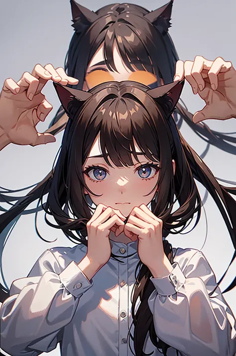 First-person view of a man looking at his hands, palms up, Girl with two ponytails, straight shot, one eye covered by bangs, gray skin tone, brown hair, cat ears, Only the man’s hands are visible, a mans hands holding her cheeks 