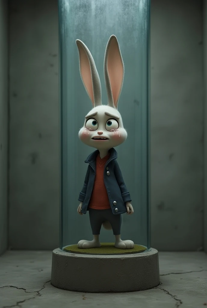  Judy Hopps - The Judy Hopps Story, bunny, bald ass, normal body, Tears, crying, stand up,  glass cylinder, iron room , Described