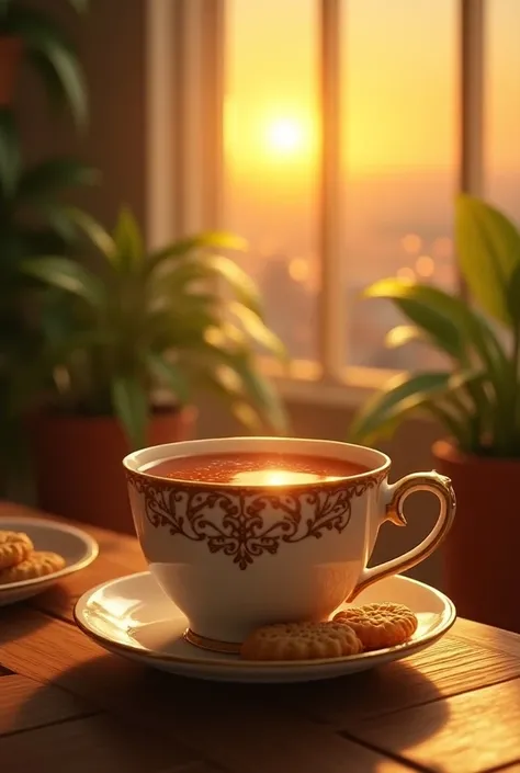  A cup of tea with biscuits , indoors, soft lighting, plants in background, window with sunset, realistic, warm colors, by farhana