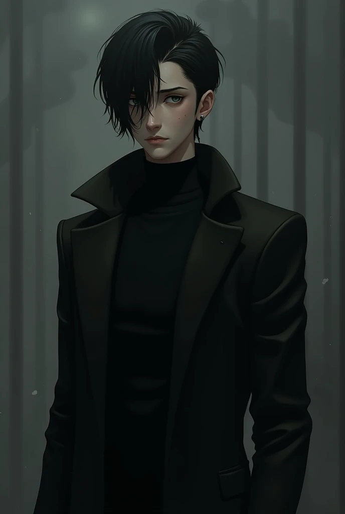 Black haired guy with grey eyes and various small moles on both face and neck with side part short hair ,turtle neck and long coat  lean but muscular dressed all in black
