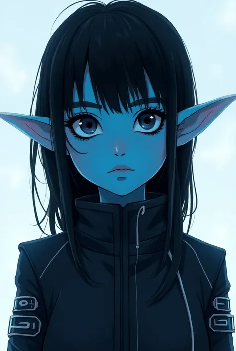  blue skinned elf, black hair with no pupils in the eyes ,  black and white are the colors that stand out in her futuristic clothes and her innocent face however 