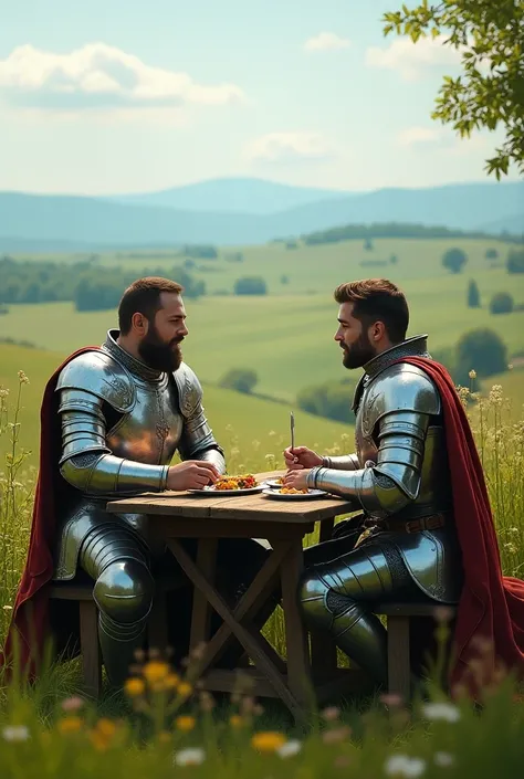  two gentlemen sitting at a table eating ,wearing silver armor  ,in a field 