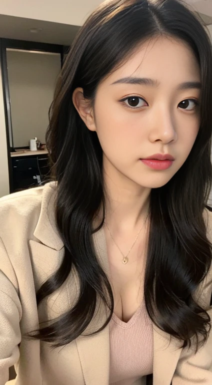 A woman， black hair ，Asian face，Big wavy hairstyle，Wearing a beige suit ， wearing a light pink camisole on the inside，Very sexy，Big breasts，Workplace style，Facing the camera， The background is a simple style ， upper body，movie quality，HD 16K