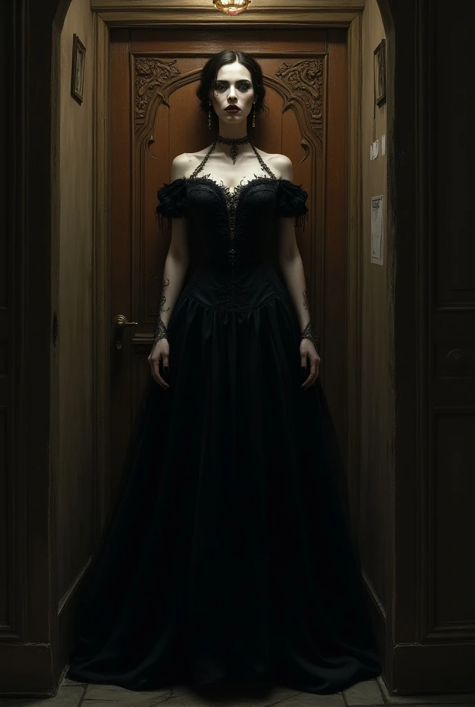 In a dimly lit ancient castle corridor, Lady Vampire stands tall, her imposing figure towering above all others. Her porcelain-white skin reflects the flickering candlelight, as she wears a stunning Victorian gown that showcases her classical sophisticatio...