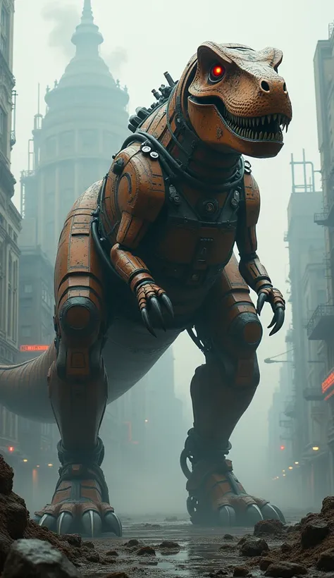 Mechanical Creatures, (( mechanical tyrannosaurus rex:1.2,  A giant mechanical weapon that recreates a beautiful dinosaur)), Very detailedな,  Detailed Bipedal Mechs,  range of motion that moves smoothly ,  exposed mechanical joints , Metal texture,  brown ...