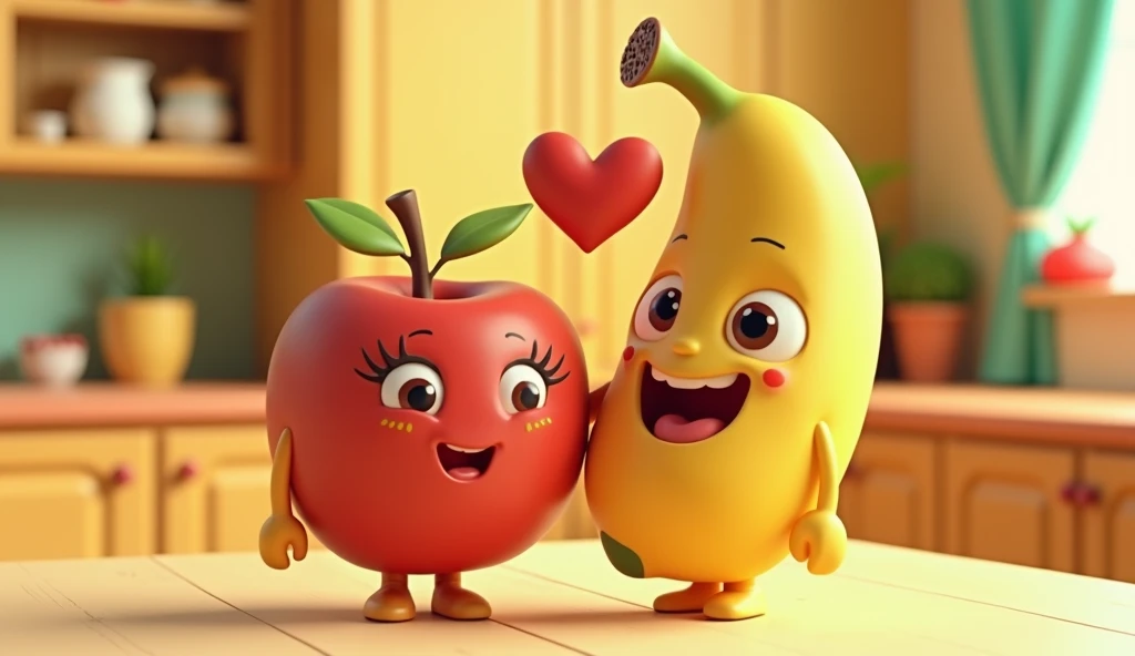 The image closes with the apple and banana side by side, forming a heart shape.in 3d cartoon style. 

