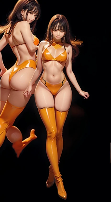 Full Body Shot、 standing、Long Orange Hair、   orange full length tights    ，   orange latex suit  、   Araf in Orange Thigh-High Boots,    orange shiny lingerie   , latex Shiny, Atsuko Kudo&#39;Latex Costume, full-body xianxia,  ゴールドLatex Costume ,  orange l...