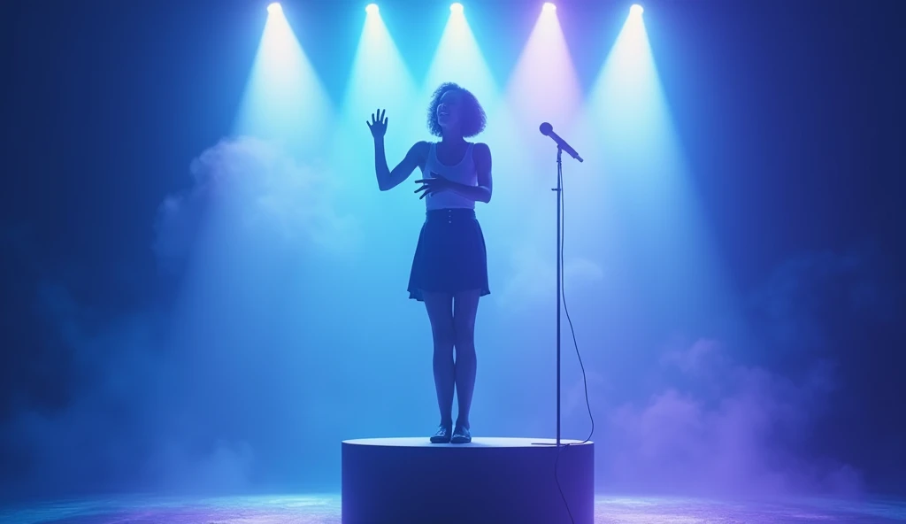  Singer alone with microphone and pedestal singing happily, Blue and lilac lights .