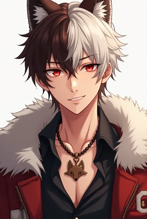 ((best quality)), ((masterpiece)), (detailed),1man,anime,smirk,red pupils,browh hair mix with white hair,perfect eyes,he,Fox jacket shades, 2d,Fox logo on jacket and wearing a brown necklace with fox written on it 