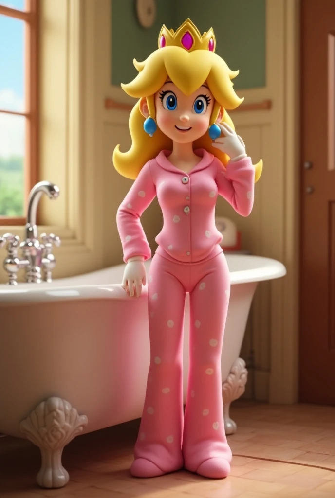 Creer une image de princesse Peach va à la toilette en pyjamas, style disney pixar 4D