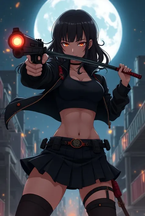 anime girl with long dark brown hair and red eyes wearing black non revealing puffy techwear with red accents and utlitity belts and katana on back and dagger on hip in my hero academia art style, 1woman,solo,Perfect Anatomy,20year old beauty、black hair,lo...