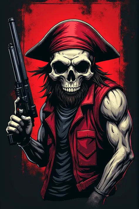 I want an fps logo with the following information ,  a pirate skull with a tramp style with red black and white tones with a vest and a gun in hand 