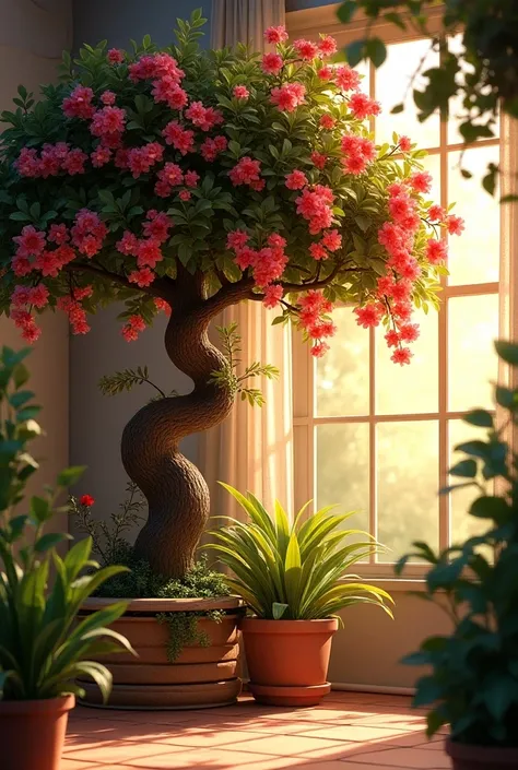  A tree with bougainvillea , indoors, soft lighting, plants in background, window with sunset, realistic, warm colors, by farhana