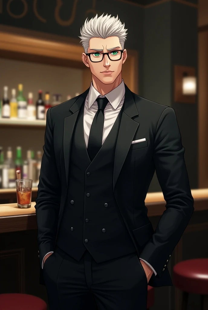 Handsome man wearing glasses, white hair, silver, green eyes, wearing suits, anime style, profession, bartender