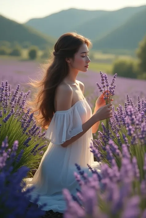  Create a beautiful image of a woman in nature ,  picking lavender flowers  , 
Show full body 