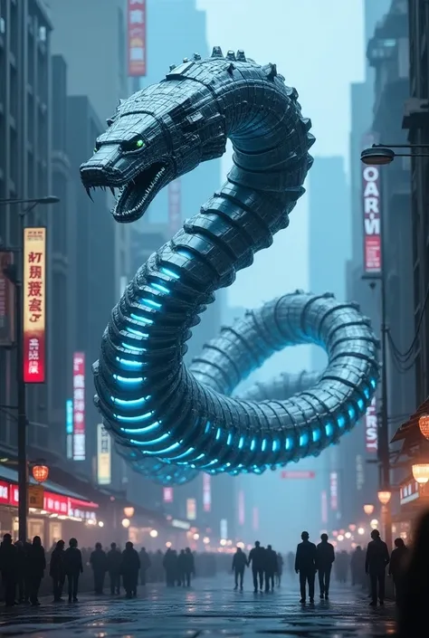 Create a highly detailed image of a massive, bio-inspired Giant snake, light cable neon blue with a long, segmented metallic body covered in sleek armor-like scales. Its flexible movements allow it to coil and slither through various terrains, while advanc...