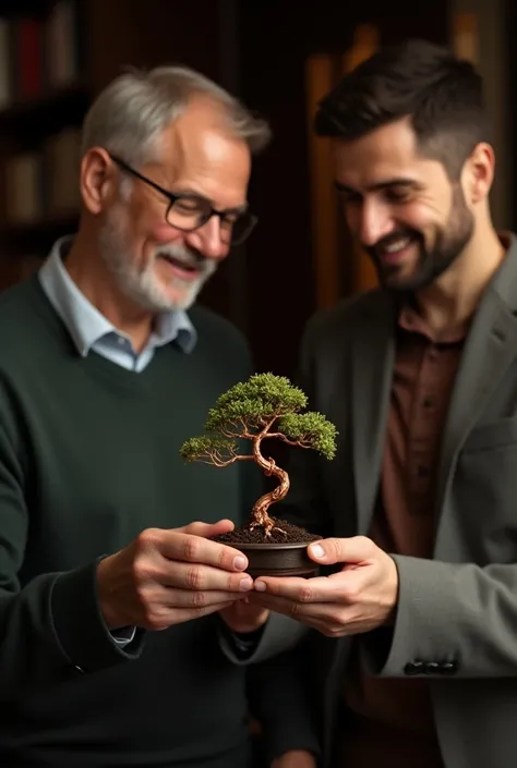 1 male friend gives copper wire bonsai souvenir to 1 middle-aged man 