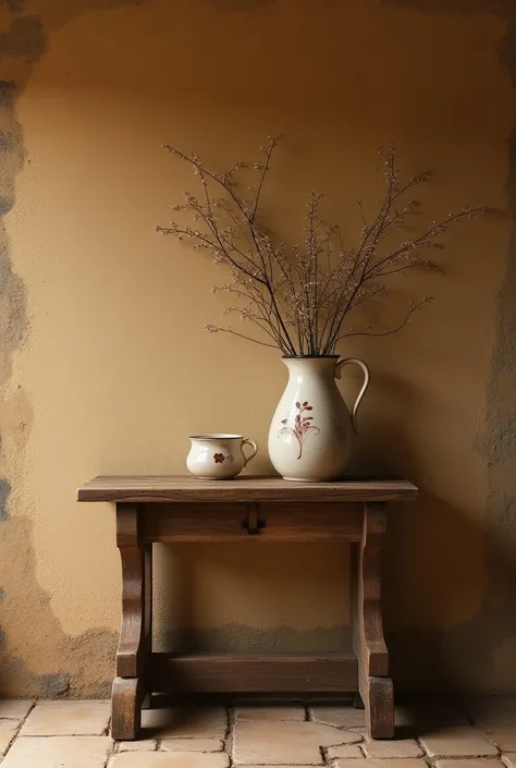 Create an image of a wall with a small table set against a flower jug, Northeast style