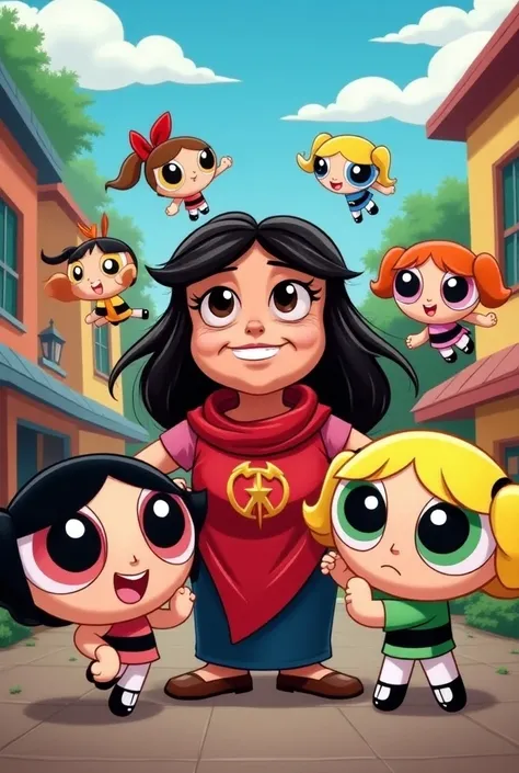 Powerpuff Girls, The crazy monkey and Mrs. Keane ,  with a red scarf around her neck and a symbol in the middle 