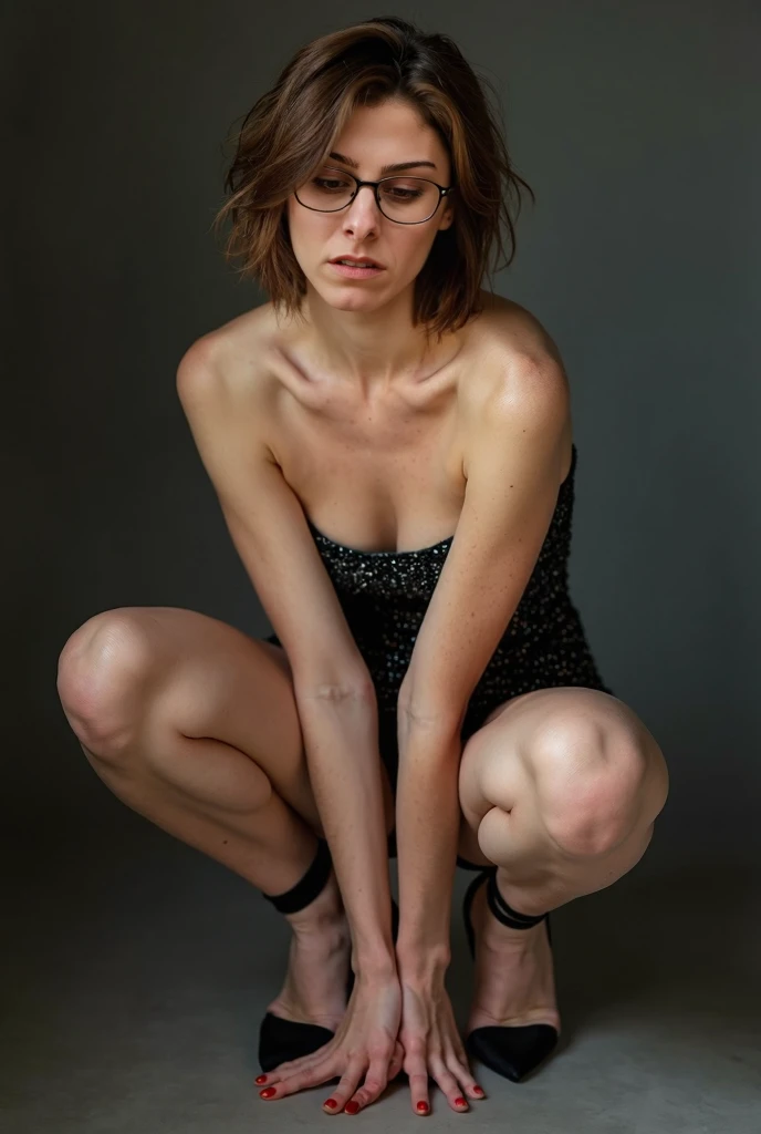 The woman is short and of average build with small breasts, whole body in view, knees bent in a squat position, wearing a dress (very short and glittery) and shoes (black stiletto high heels with ankle straps). She is 35 years old, nsfw, she has short brow...