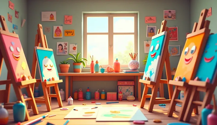 The art classroom has easels, paintings, and photos, but no people, in a 3D chibi cartoon style.