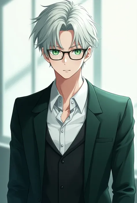 Handsome young man wearing glasses, white hair, silver, green eyes, wearing suit, anime drawing style