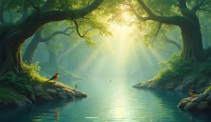 serene nature scene with gentle flowing water, birds perched on branches, soft sunlight filtering through lush green trees, peaceful atmosphere, digital painting, high detail, calming colors, dreamy and tranquil, moody lighting, masterpiece by Ivan Aivazov...