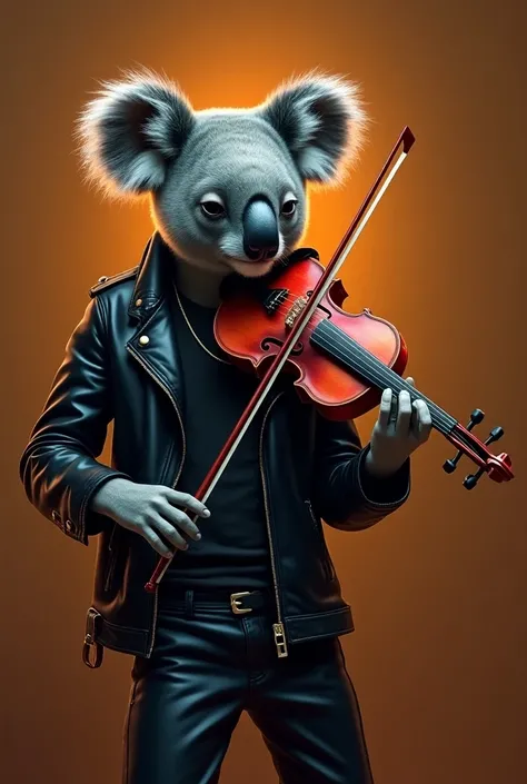 of face, A koala wearing a black leather jacket and black leather pants playing the violin. very colorful image, brown. Illustration, futuristic. square image