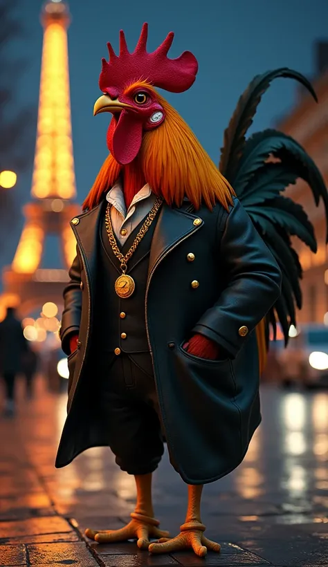 A stylish, ultra-realistic rooster dressed in French rapper fashion, walking through the streets of Paris at night. The rooster wears a tailored street-style jacket with the French tricolor and gold accessories, standing near the Eiffel Tower with a view o...