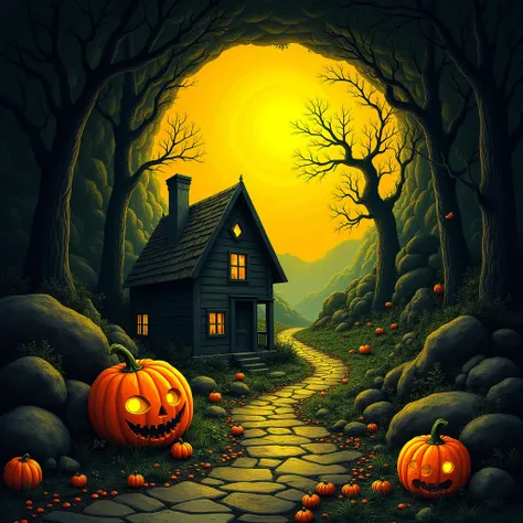 Halloween style，Fantastic underground world landscape， elements， Broto ，microorganism、跖、house、Eye、 Wildlife life ，Jack-o&#39;-lantern，Sense of Space，blank，interesting，Innocence，Psychedelic Art，Strong visual fusion of yellow and black , Charming atmosphere，...